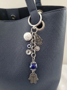 Boho Silver Hamsa & Blue Evil Eye Purse Charm